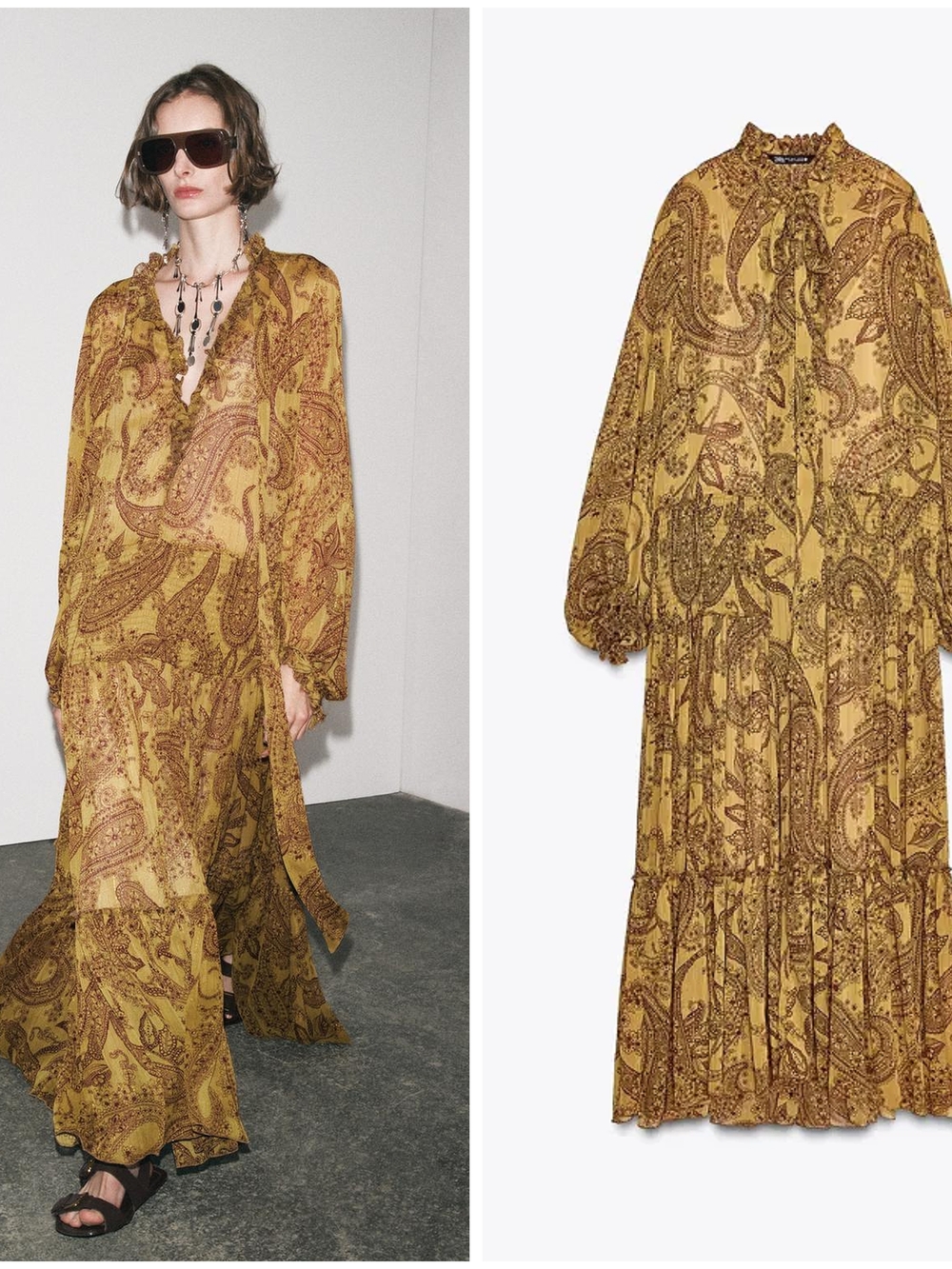 Zara ZW Collection: Paisley Ruffle-Trim Long Sleeve Metallic Detail Maxi Dress